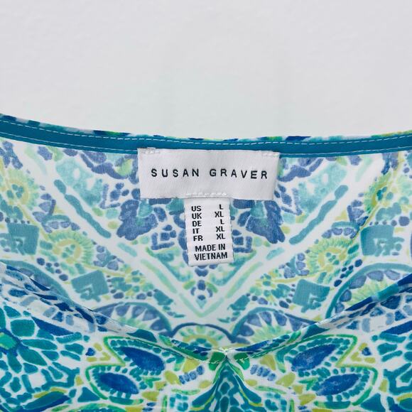 Susan Graver Sheer Chiffon Tunic Top Size L Blue Green Ikat Geometric V-Neck - Picture 8 of 8